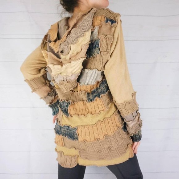 🍓HANDMADE ONE OF A KIND PATCHWORK GOBLIN CORE BROWN KNIT ZIP-UP HOODIE🍓 - Picture 4 of 4